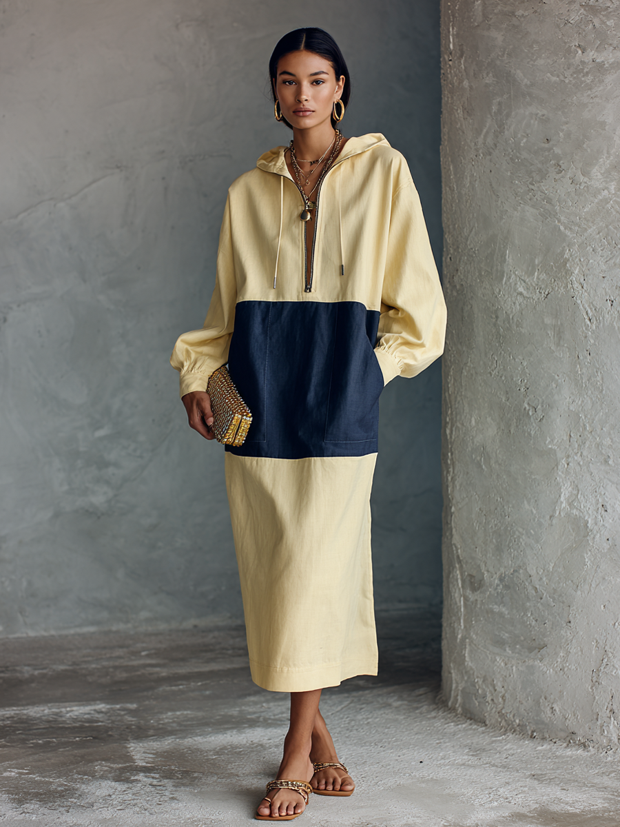 Women's Minimal Casual Pale Yellow Spliced Navy Cotton Blend Half Zip Hooded Long Sleeve Midi Dress MDZ1460G6GMJ