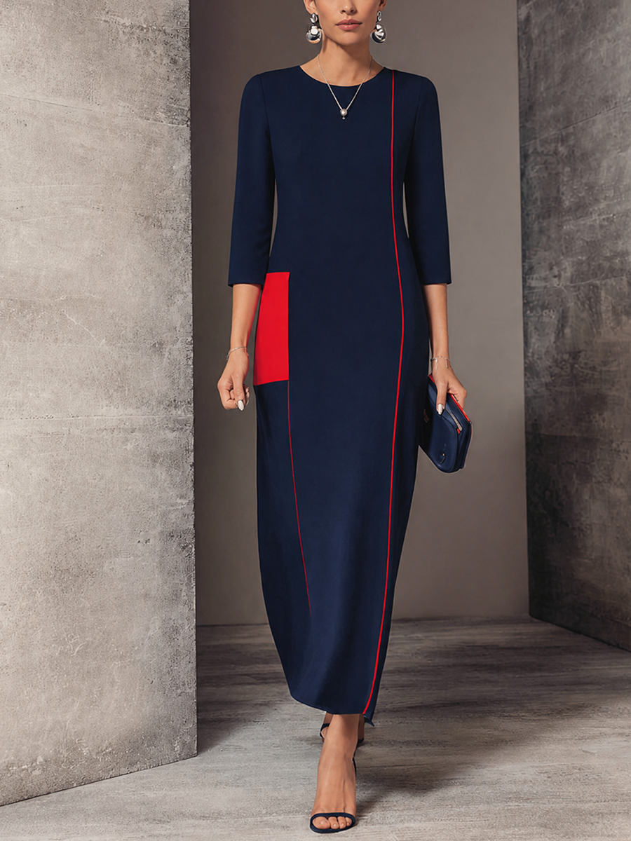 Women's Classic Navy Cotton Blend Contrast Stitch Patch Pocket 3/4 Sleeve Maxi Dress MDZ1494G0GMJ