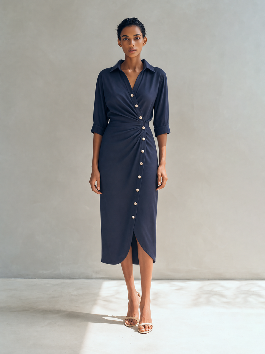 Women's Elegant Navy Blue Collared Half Sleeve Ruched Waist Pearl Button Wrap Midi Shirt Dress MDZ1538G4ZSQ