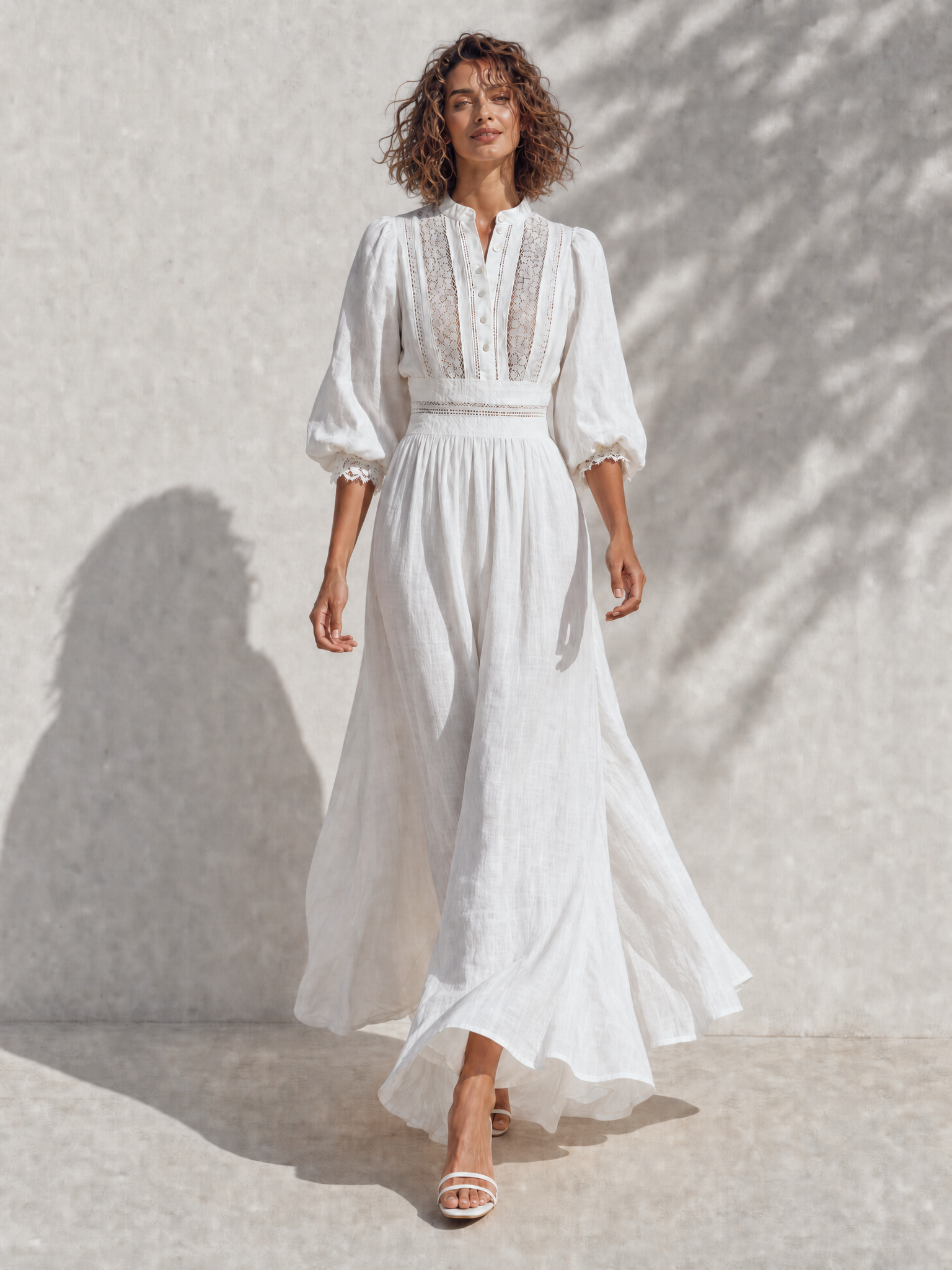 Women's Resort-Style White Stand-Collar Bishop-Sleeve Lace-Cutout-Paneled Cinched-Waist Linen Maxi Dress MDZ1502G4CMX