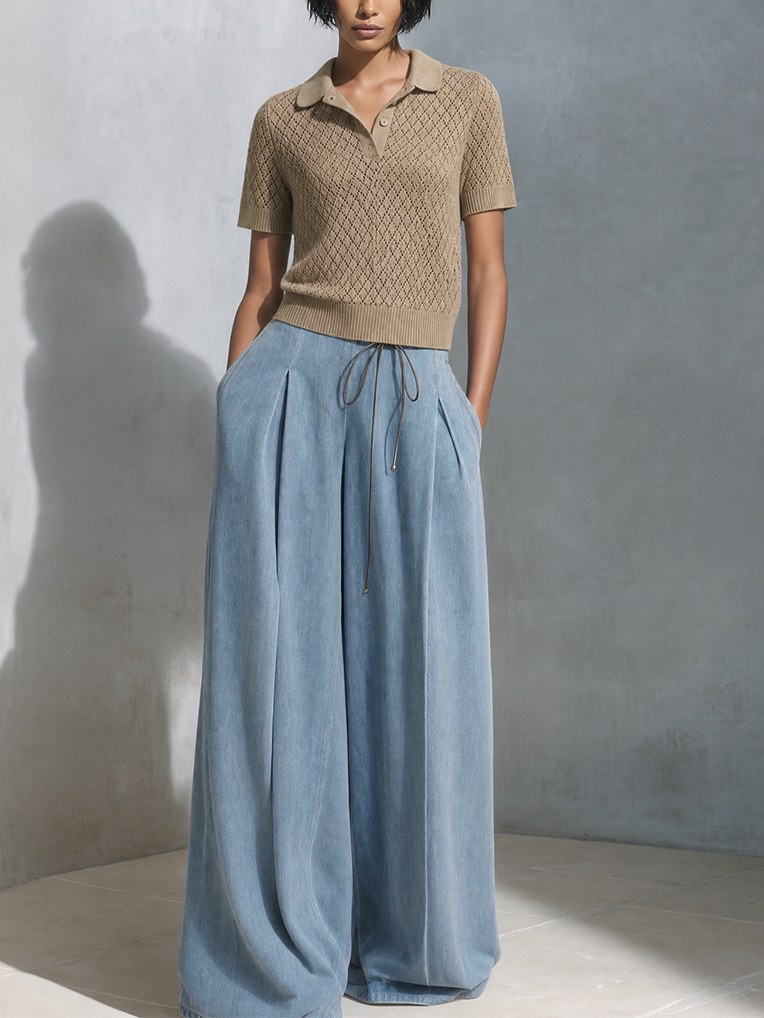 Women's Casual Chic Khaki Open-Knit Polo Sweater And Light Blue Drawstring Wide-Leg Denim Pants Two-Piece SetMDZ1521G5ZSQ