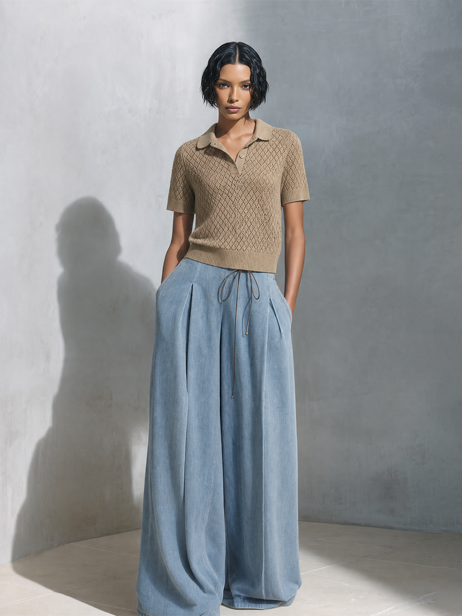 Women's Casual Chic Khaki Open-Knit Polo Sweater And Light Blue Drawstring Wide-Leg Denim Pants Two-Piece SetMDZ1521G5ZSQ