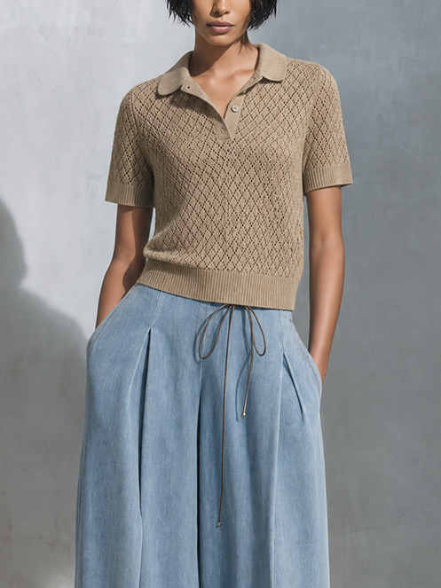 Women's Casual Chic Khaki Open-Knit Polo Sweater And Light Blue Drawstring Wide-Leg Denim Pants Two-Piece SetMDZ1521G5ZSQ