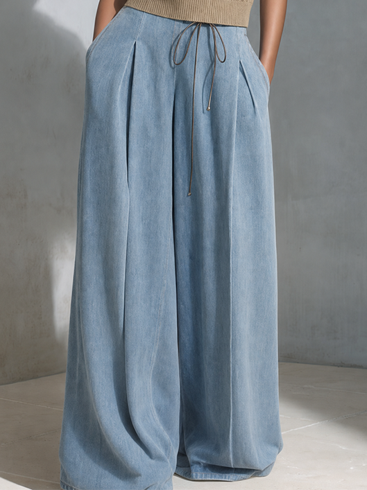 Women's Casual Chic Khaki Open-Knit Polo Sweater And Light Blue Drawstring Wide-Leg Denim Pants Two-Piece SetMDZ1521G5ZSQ