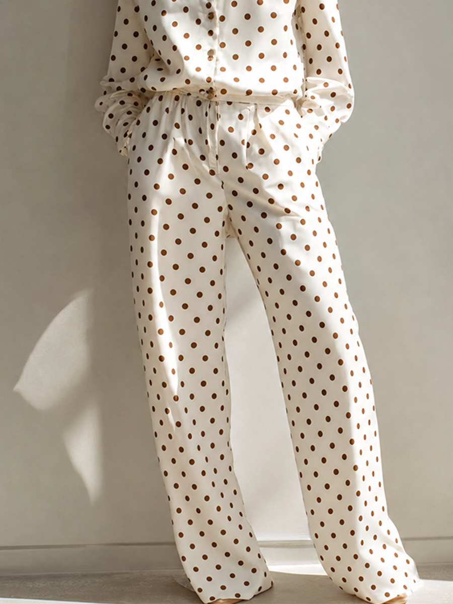 Women's Elegant Vintage off-white Brown Polka-Dot Collared Long-Sleeve Shirt & High-Waisted Wide-Leg Pants Satin Set MDZ1582G8CMX