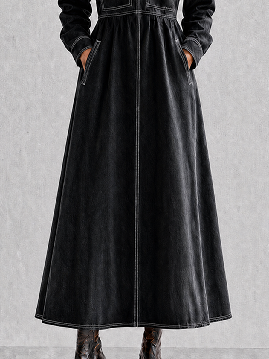 Women's Black Contrast-Stitch Collared Long-Sleeve Cinched-Waist Denim Shirt Maxi Dress MDZ1591G0CMX
