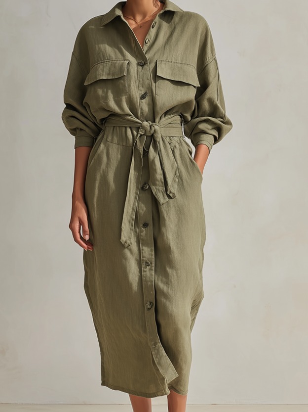 Women's Utility Style Olive Green Linen Blend Collared Long Sleeve Belted Button-Front Patch Pocket Midi Shirt Dress MDZ1569G6ZSQ