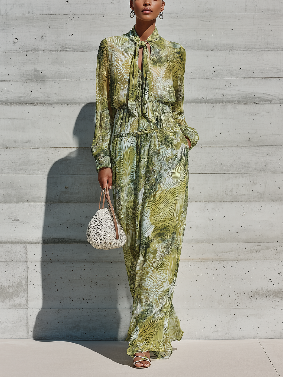 Women's Green Palm Leaf Print Chiffon Tie Neck Long Sleeve Drawstring Waist Side Pocket Maxi Dress MDZ1533G2YZJ