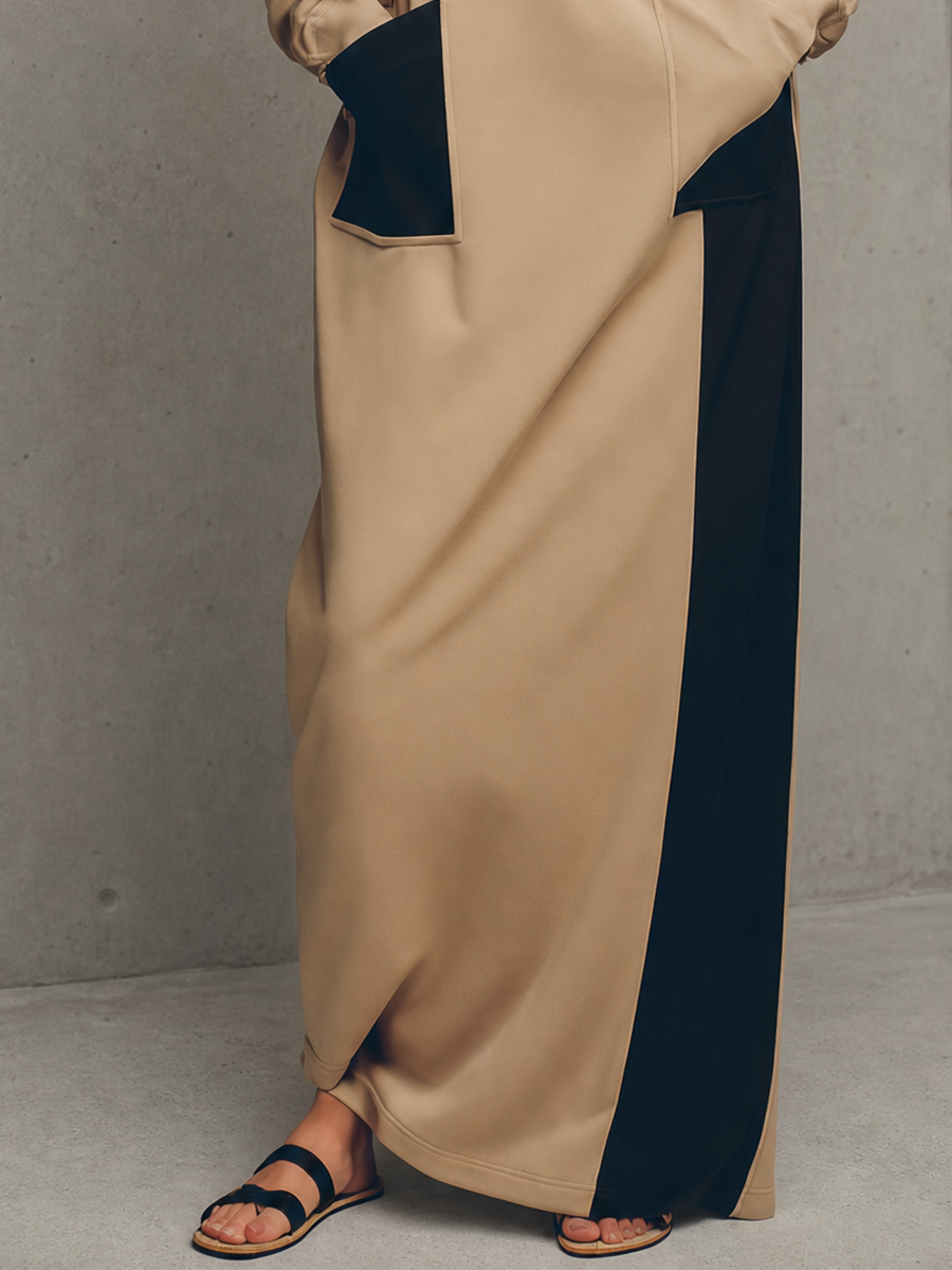 Women's Khaki Black Color Block Knit Drawstring Hooded Long Sleeve Side Pocket Oversized Maxi Sweatshirt Dress MDZ1507G2YZJ