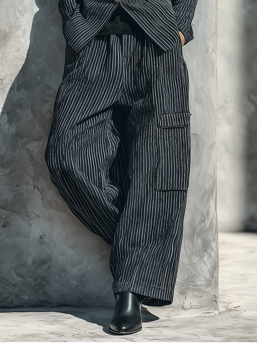 Women's Black White Vertical Stripe Mandarin Collar Single Button Blazer Wide Leg Cargo Pocket Pant Two Piece Suit Set MDZ1548G6YZJ