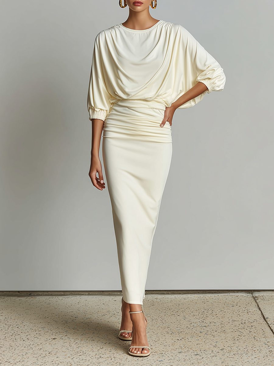 Women's Solid Off White Cotton-Blend Co-Ord With Elastic Cuff Three Quarter Sleeve Top & Bodycon Ruched Waist Midi Skirt, Chic Formal Evening Two-Piece Set MDZ1644G4LYL