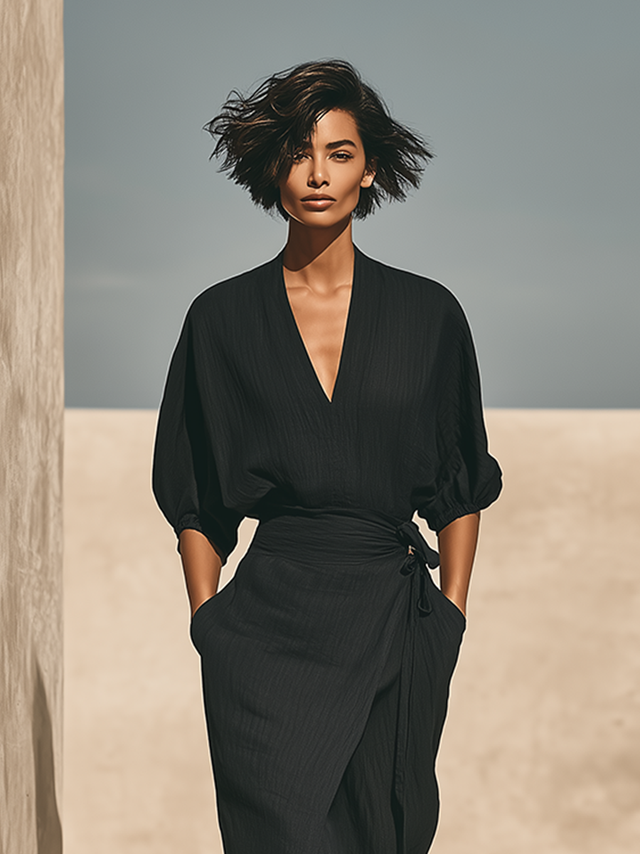 Women's Black Textured Linen Blend Two Piece Wrap Matching Set With Batwing Puff Sleeve Top & Tie Waist Wrap Midi Skirt, Minimalist Resort Elegant Outfit MDZ1605G0LYL