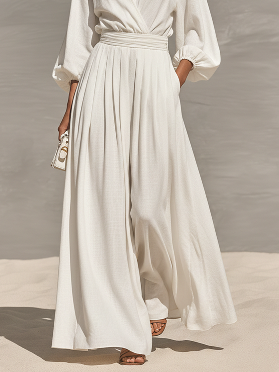 Women's White Linen Blend Wide Leg Jumpsuit With Wrap V Neck Puff Three Quarter Sleeves & High Waist Pleated Trousers, Minimalist Resort Floor Length Jumpsuit MDZ1611G6LYL