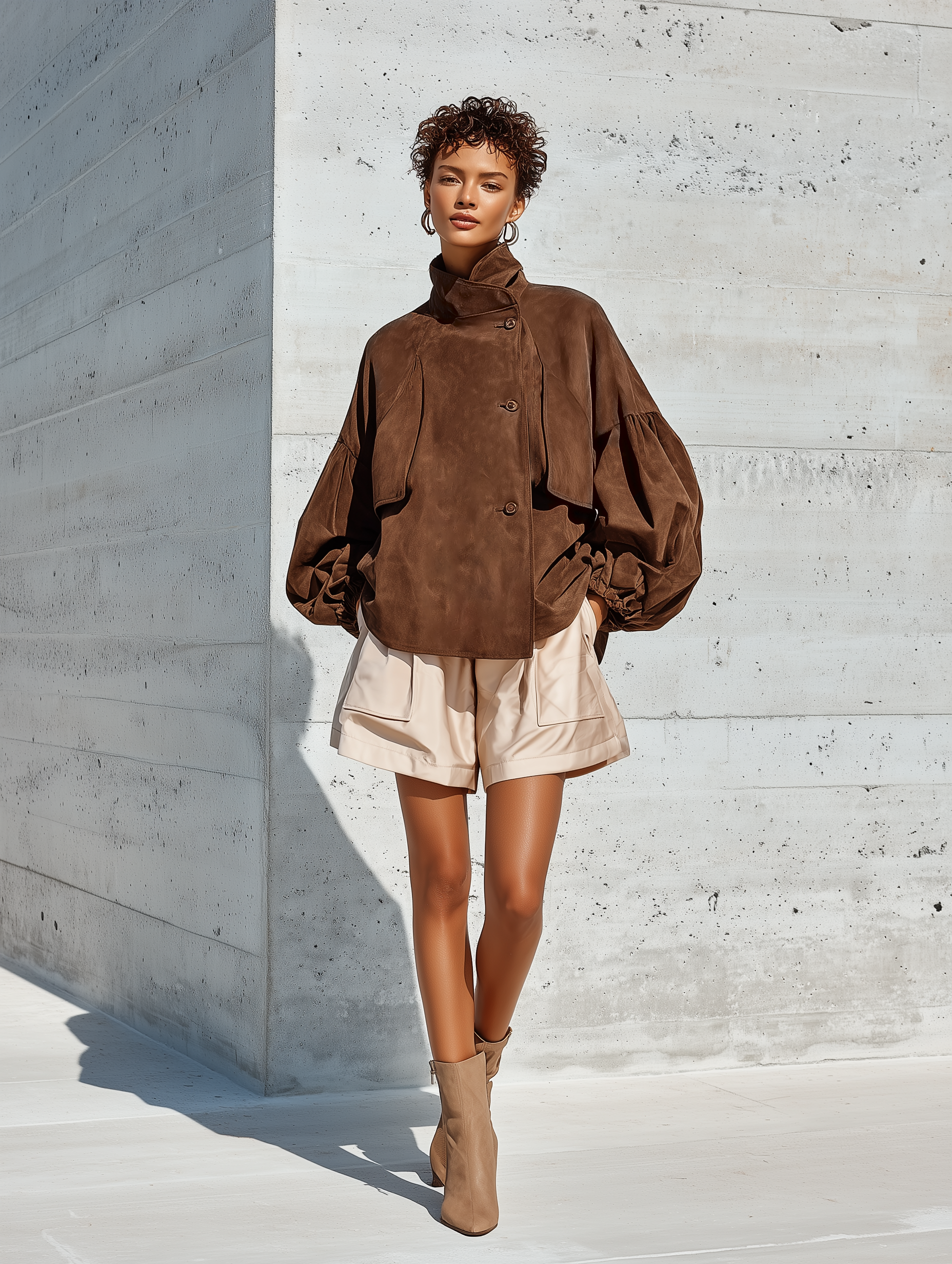 Women's Brown Faux Suede Stand Collar Puff Gathered Cuff Oversized Jacket MDZ1693G6YZJ