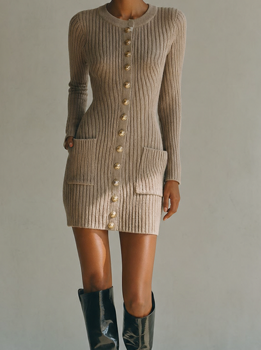 Women's Minimalist Taupe Ribbed Knit Button-Front Long Sleeve Mini Sweater DressMDZ1675G6ZSQ