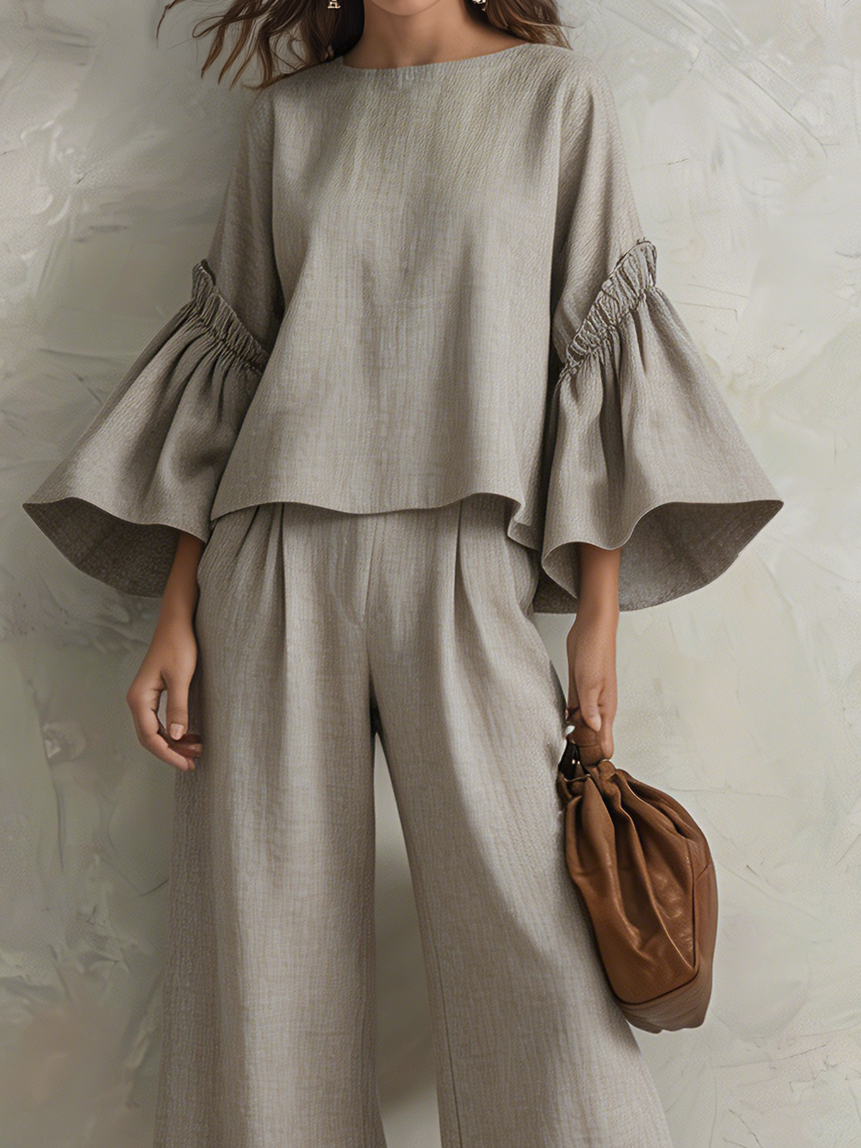 Women's Casual Grey Cotton-linen Long-sleeve Crew-neck Top Paired With Trousers MDZ1602G6LXY