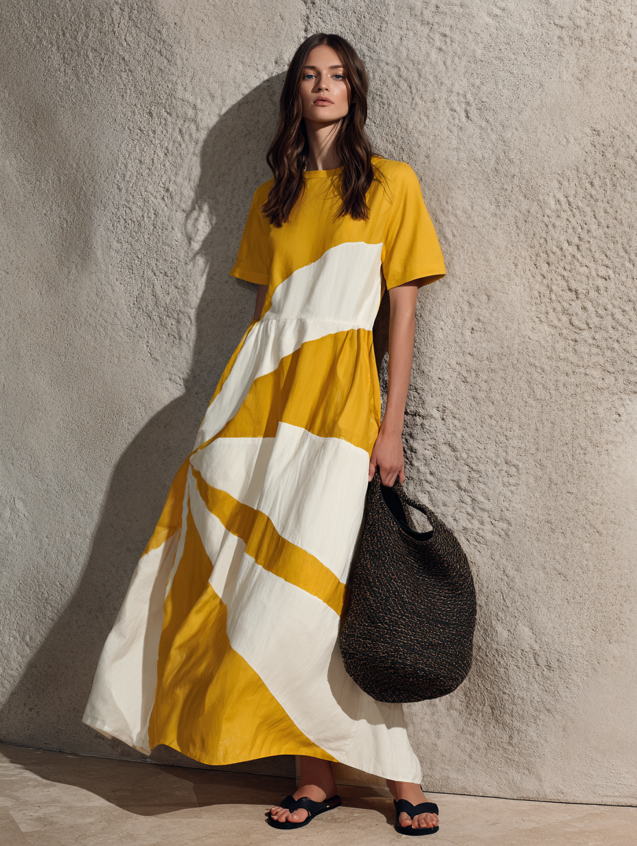 Women's Casual Yellow And White Color-block Woven Maxi Dress With A Round Neck And Short Sleeves MDZ1687G9LXY