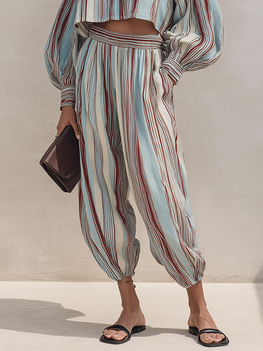 Women's Multicolor Vertical-Stripe Linen Blend Half-Zip Crop Top & Jogger Pants Set MDZ1694G9ZRK