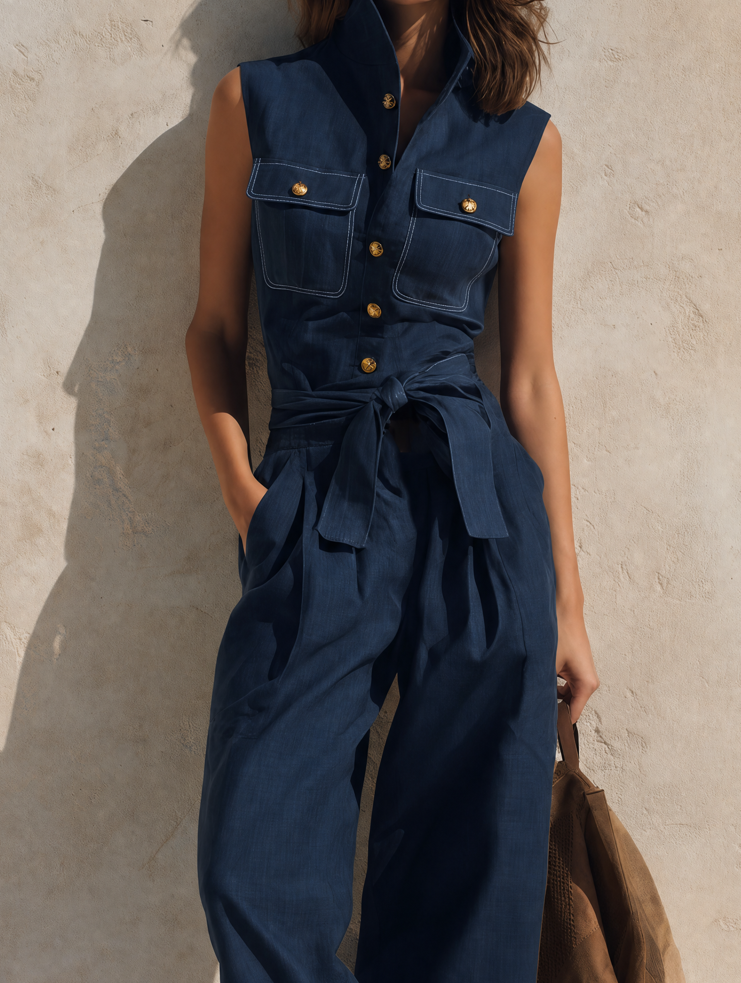 Women's Casual Navy Blue Cotton-linen Sleeveless Cropped Jumpsuit MDZ1643G5LXY