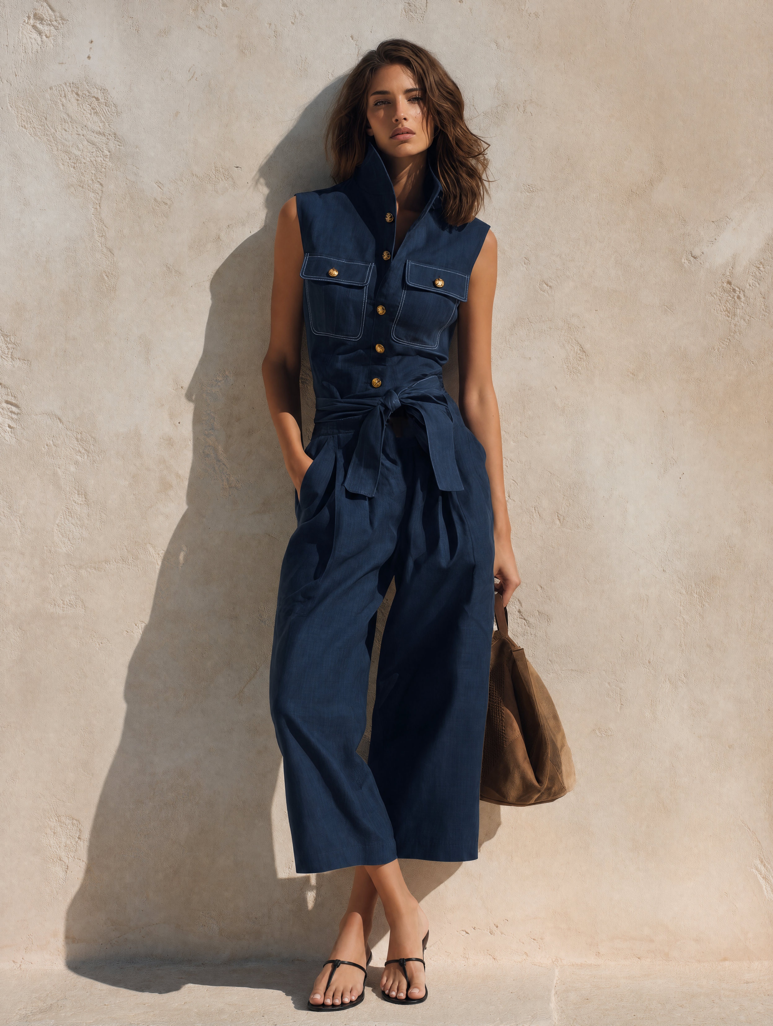 Women's Casual Navy Blue Cotton-linen Sleeveless Cropped Jumpsuit MDZ1643G5LXY
