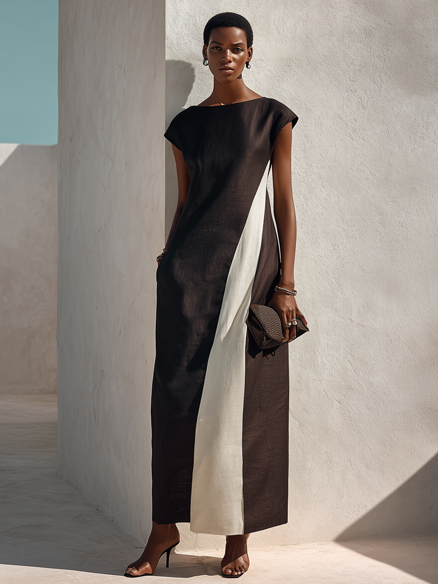 Women's Minimalist Black & White Color Block Cap Sleeve Maxi Dress MDZ1635G7ZRK