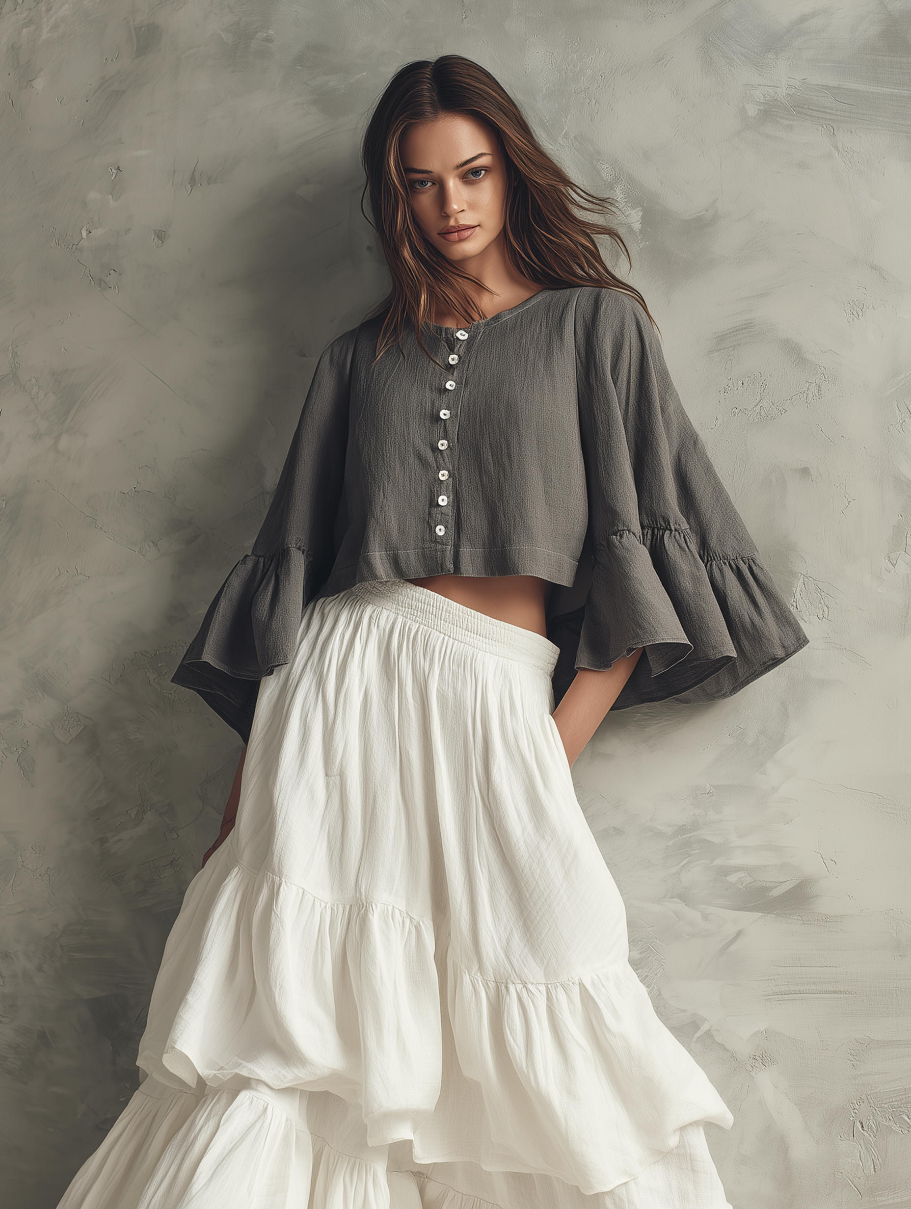 Women's Casual Grey Cotton-linen Long-sleeve Top Paired With A White Woven Multi-layered Ruffled Skirt MDZ1650G0LXY