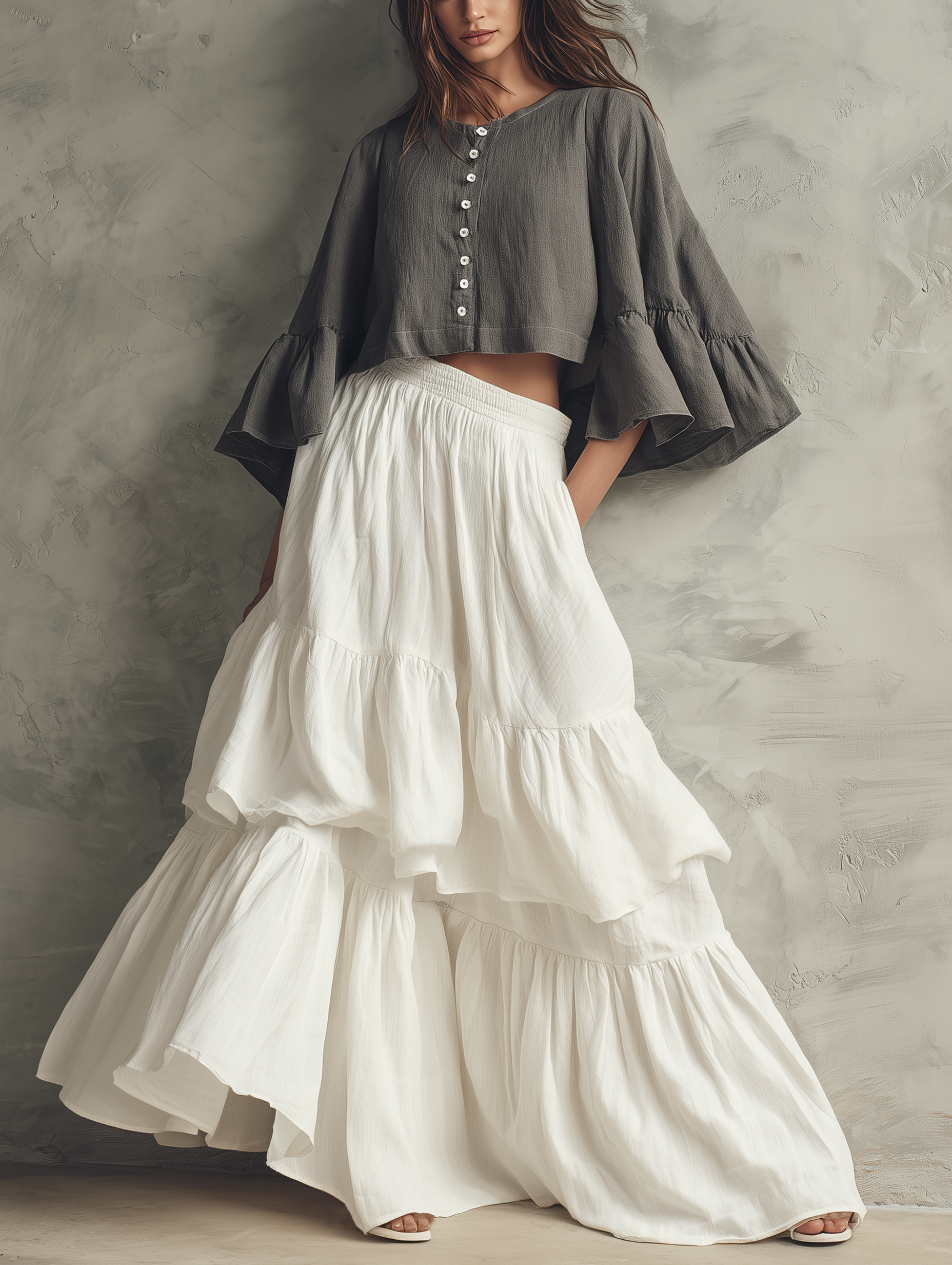 Women's Casual Grey Cotton-linen Long-sleeve Top Paired With A White Woven Multi-layered Ruffled Skirt MDZ1650G0LXY