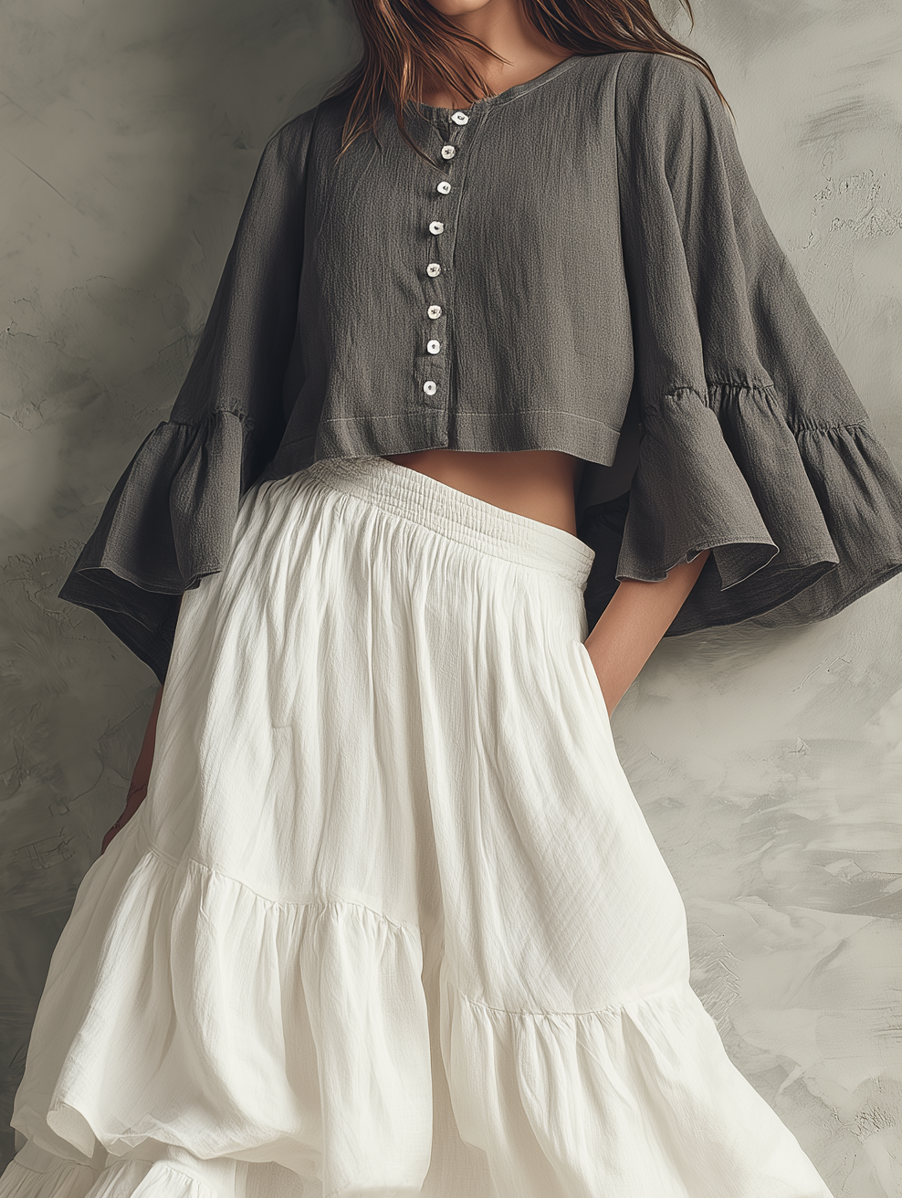 Women's Casual Grey Cotton-linen Long-sleeve Top Paired With A White Woven Multi-layered Ruffled Skirt MDZ1650G0LXY