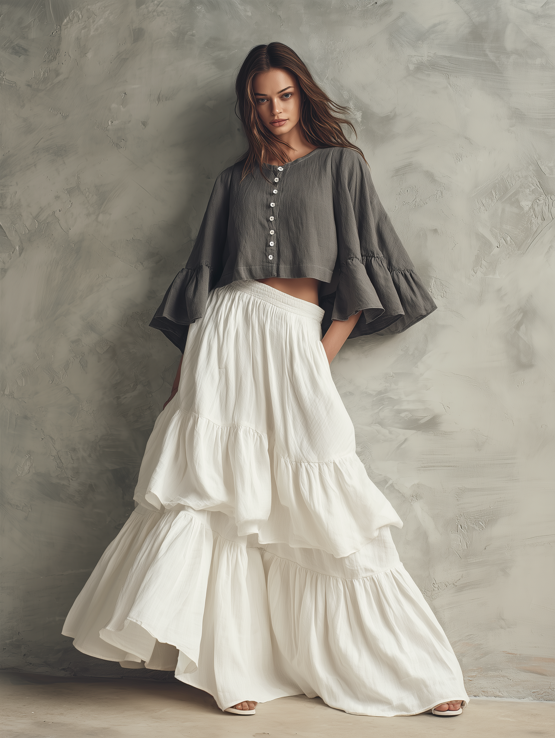 Women's Casual Grey Cotton-linen Long-sleeve Top Paired With A White Woven Multi-layered Ruffled Skirt MDZ1650G0LXY