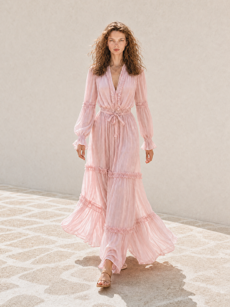 Women's Resort-Style Pink V-Neck Bishop-Sleeve Belted Ruffle-Tiered Cinched-Waist Chiffon Maxi Dress MDZ1649G2CMX