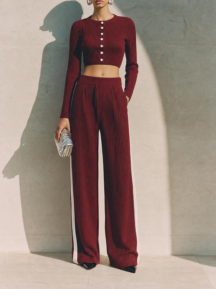 Women's Modern Burgundy Ribbed Knit Round Neck Button-Front Cropped Top And High-Waist Wide-Leg Pants Two-Piece SetMDZ1691G3ZSQ