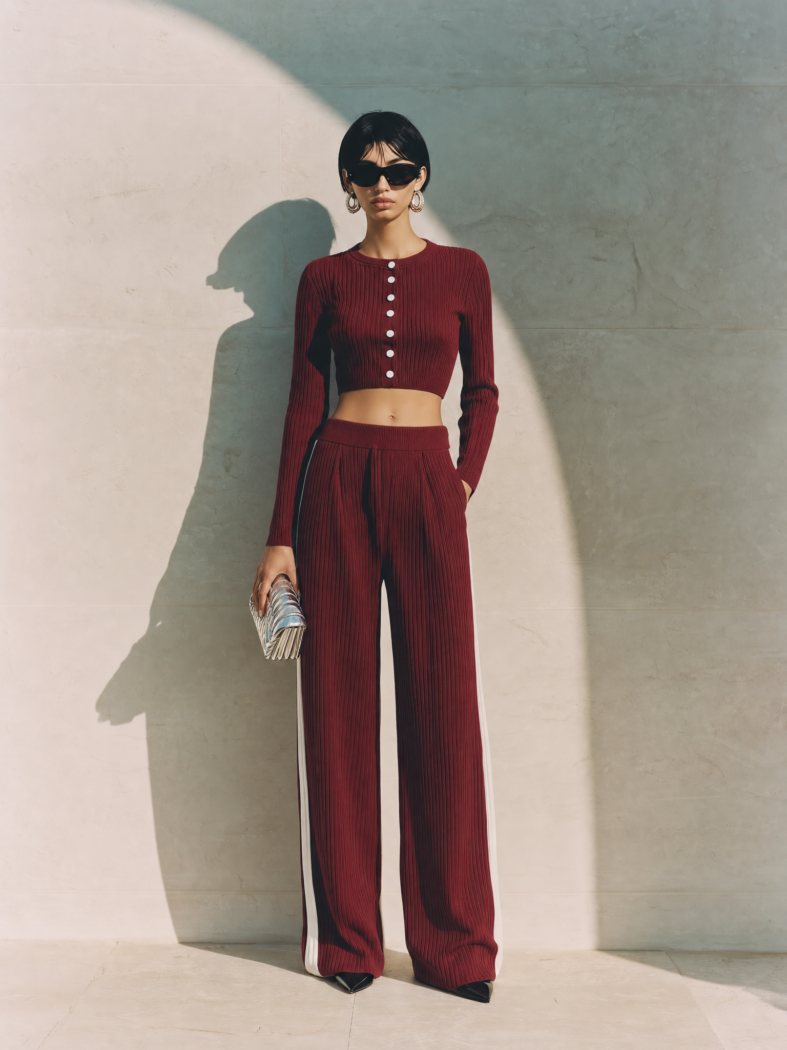 Women's Modern Burgundy Ribbed Knit Round Neck Button-Front Cropped Top And High-Waist Wide-Leg Pants Two-Piece SetMDZ1691G3ZSQ