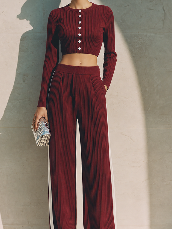 Women's Modern Burgundy Ribbed Knit Round Neck Button-Front Cropped Top And High-Waist Wide-Leg Pants Two-Piece SetMDZ1691G3ZSQ
