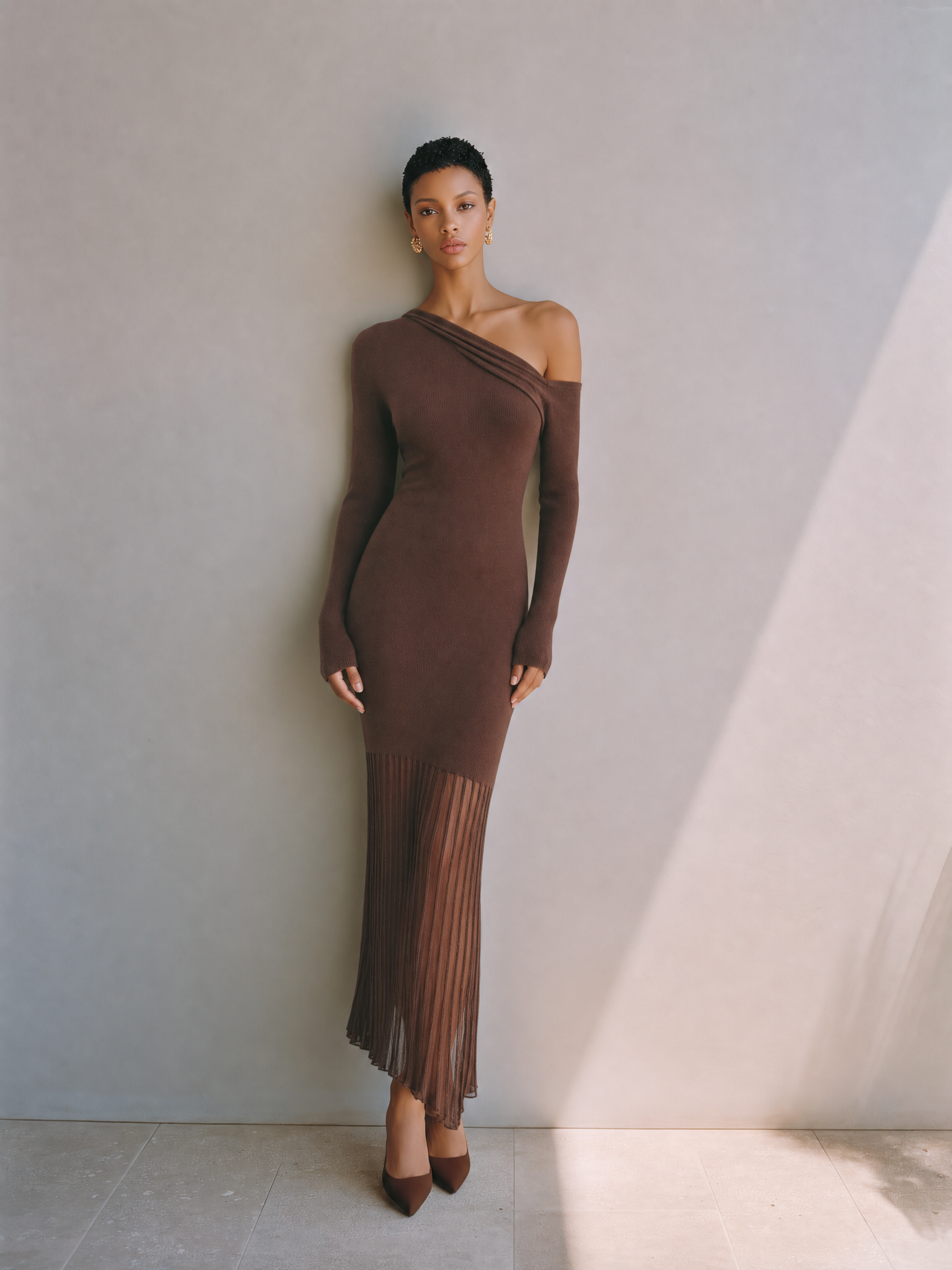 Women's Elegant Chocolate Brown Asymmetric One-Shoulder Ribbed Knit Pleated Maxi DressMDZ1603G9ZSQ