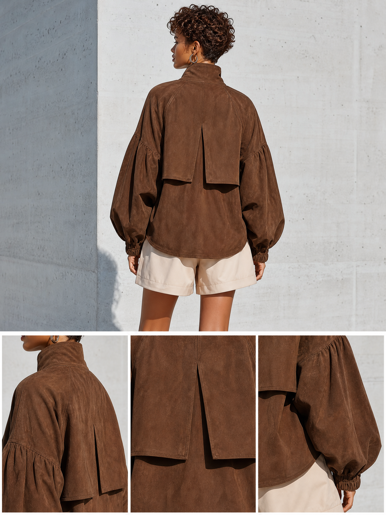 Women's Brown Faux Suede Stand Collar Puff Gathered Cuff Oversized Jacket MDZ1693G6YZJ