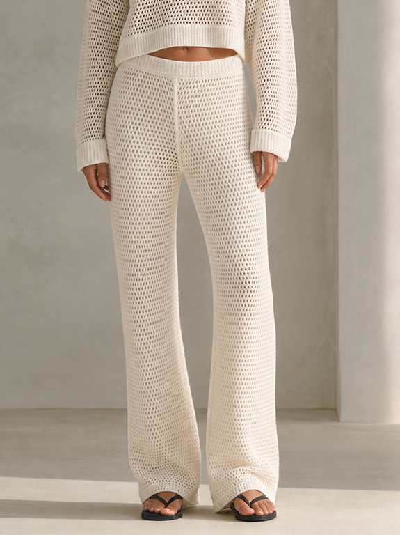 Women's Coastal Ivory Open-Knit Crochet Boat Neck Long Sleeve Cropped Sweater And Wide-Leg Pants Two-Piece SetMDZ1626G8ZSQ