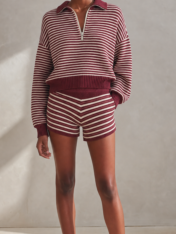 Women's Casual Burgundy And Cream Striped Ribbed Knit Quarter-Zip Collared Sweater And High-Waist Shorts Two-Piece SetMDZ1632G6ZSQ