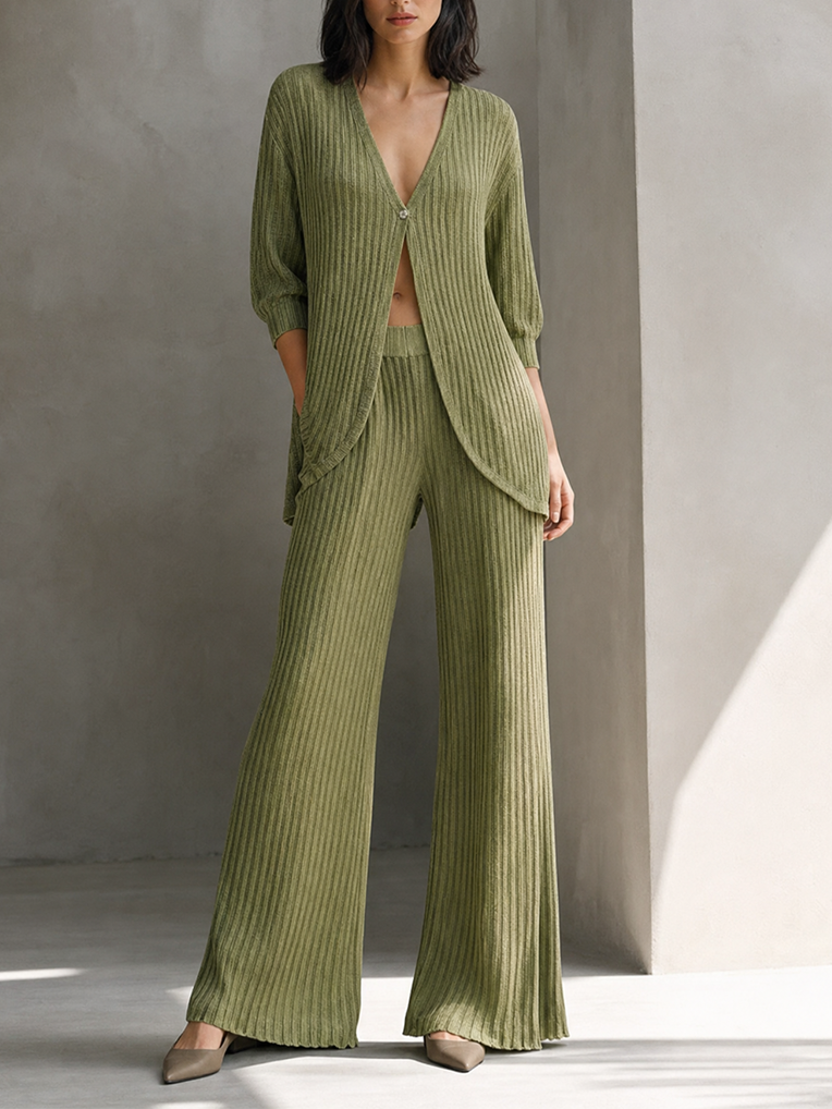 Women's Elegant Olive Green Ribbed Knit Deep V-Neck Button-Front Longline Cardigan And Wide-Leg Pants Two-Piece SetMDZ1684G9ZSQ
