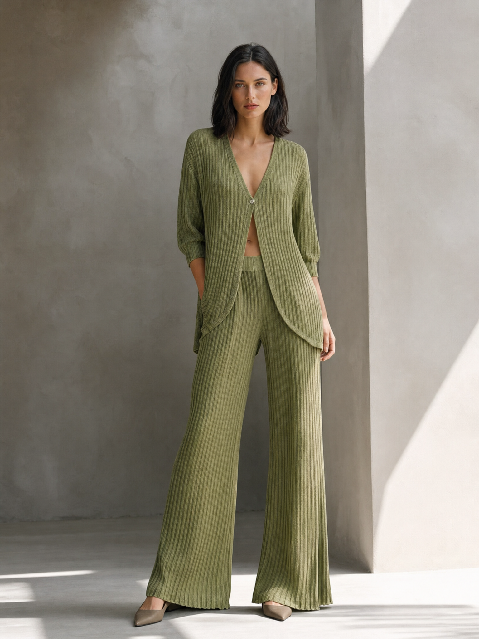 Women's Elegant Olive Green Ribbed Knit Deep V-Neck Button-Front Longline Cardigan And Wide-Leg Pants Two-Piece SetMDZ1684G9ZSQ