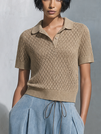 Women's Casual Chic Khaki Open-Knit Polo Short Sleeve Sweater TopMDZ1620G0ZSQ