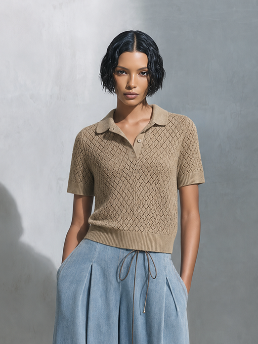 Women's Casual Chic Khaki Open-Knit Polo Short Sleeve Sweater TopMDZ1620G0ZSQ