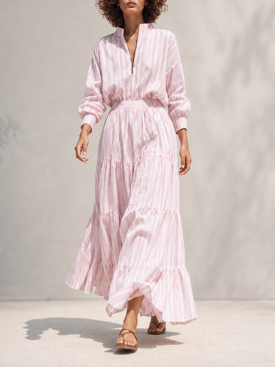 Women's Resort-Style Pink-and-White Striped Stand-Collar Zip Long-Sleeve Cinched-Waist Maxi Dress MDZ1621G5CMX
