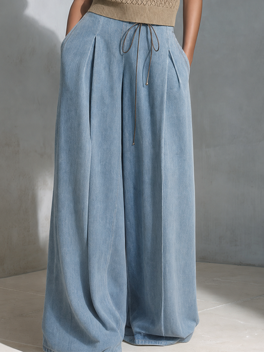 Women's Casual Light Blue Drawstring High-Waist Wide-Leg Full-Length PantsMDZ1683G1ZSQ