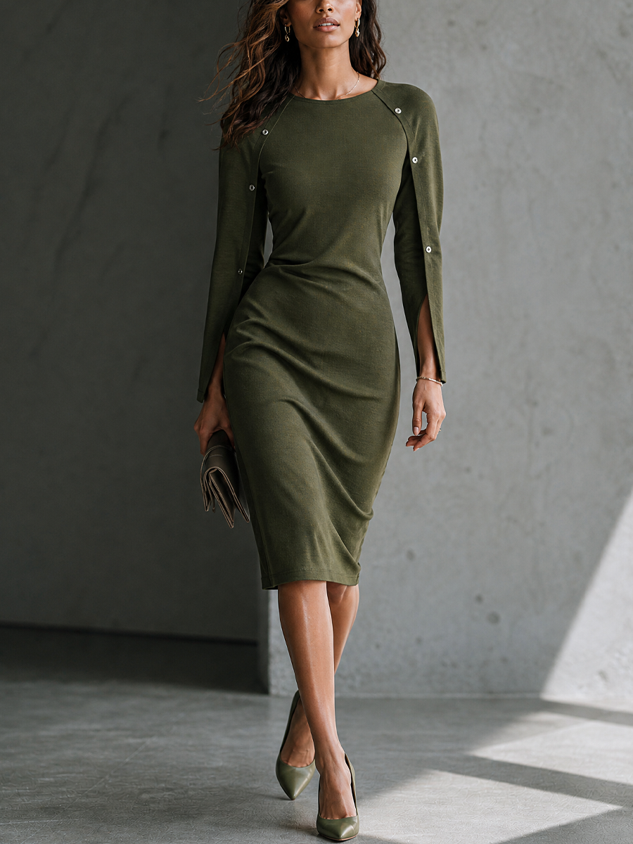 Women's Elegant Slim Olive Green Knit Cotton Blend Button-Trim Split Sleeve Midi Dress MDZ1630G9GMJ