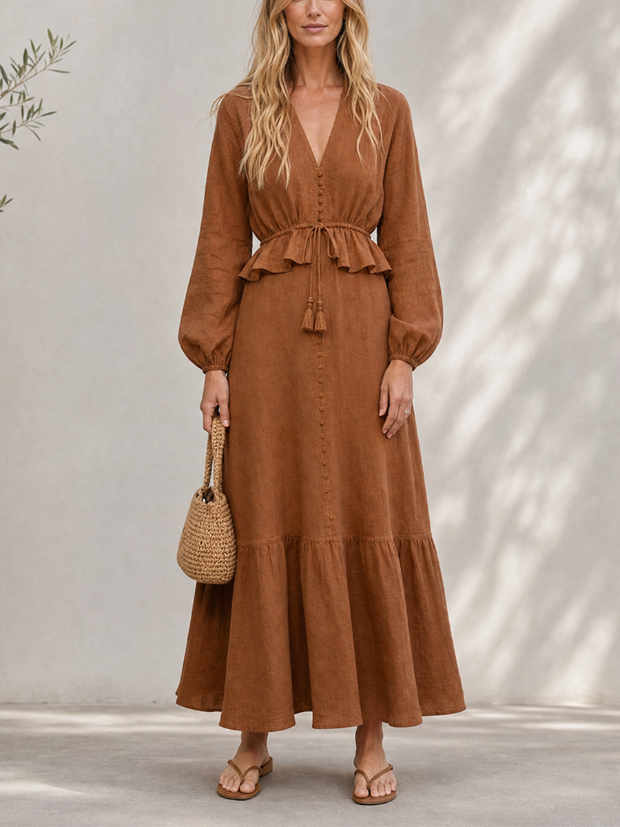 Women's Resort-Style Caramel Brown V-Neck Bishop-Sleeve Drawstring Belted Ruffle Cinched-Waist Linen Maxi Dress MDZ1658G7CMX