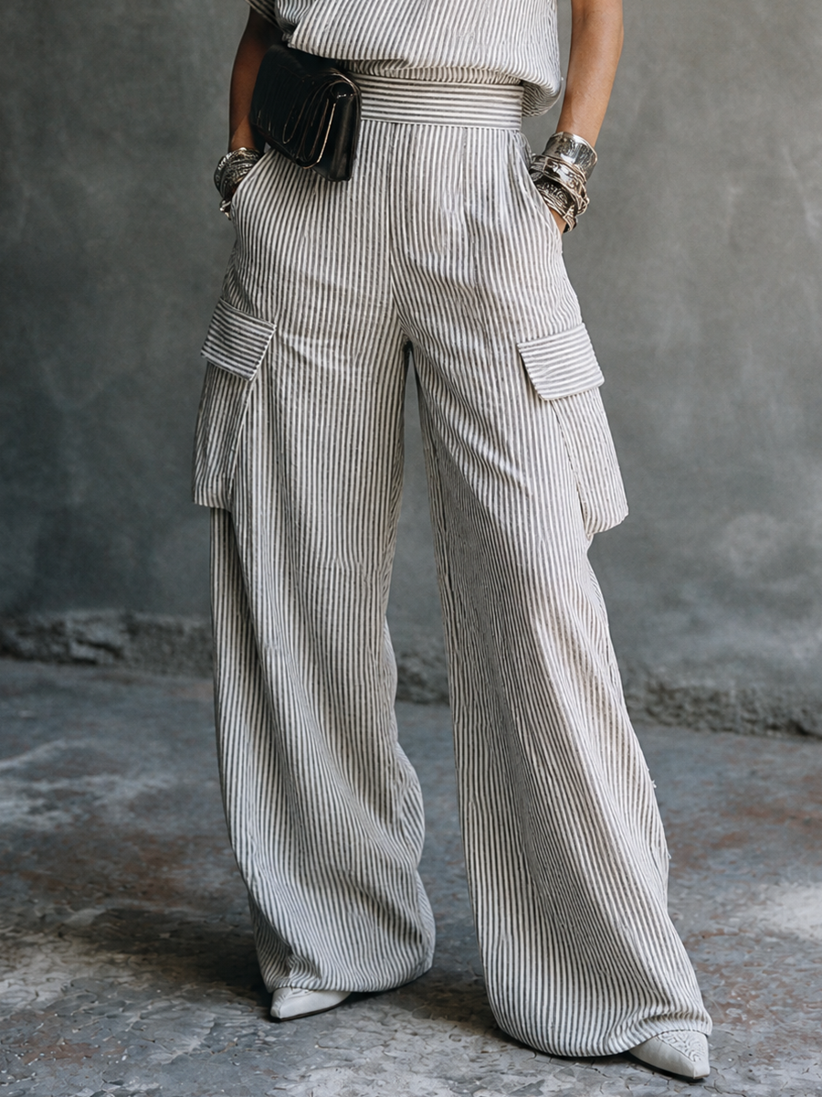 Women's Casual Vacation Gray White Cotton Blend Striped Wrap Top Cargo Pocket Wide-Leg Pants Set MDZ1618G6GMJ