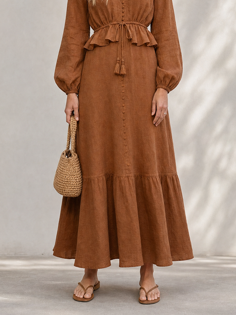 Women's Resort-Style Caramel Brown V-Neck Bishop-Sleeve Drawstring Belted Ruffle Cinched-Waist Linen Maxi Dress MDZ1658G7CMX