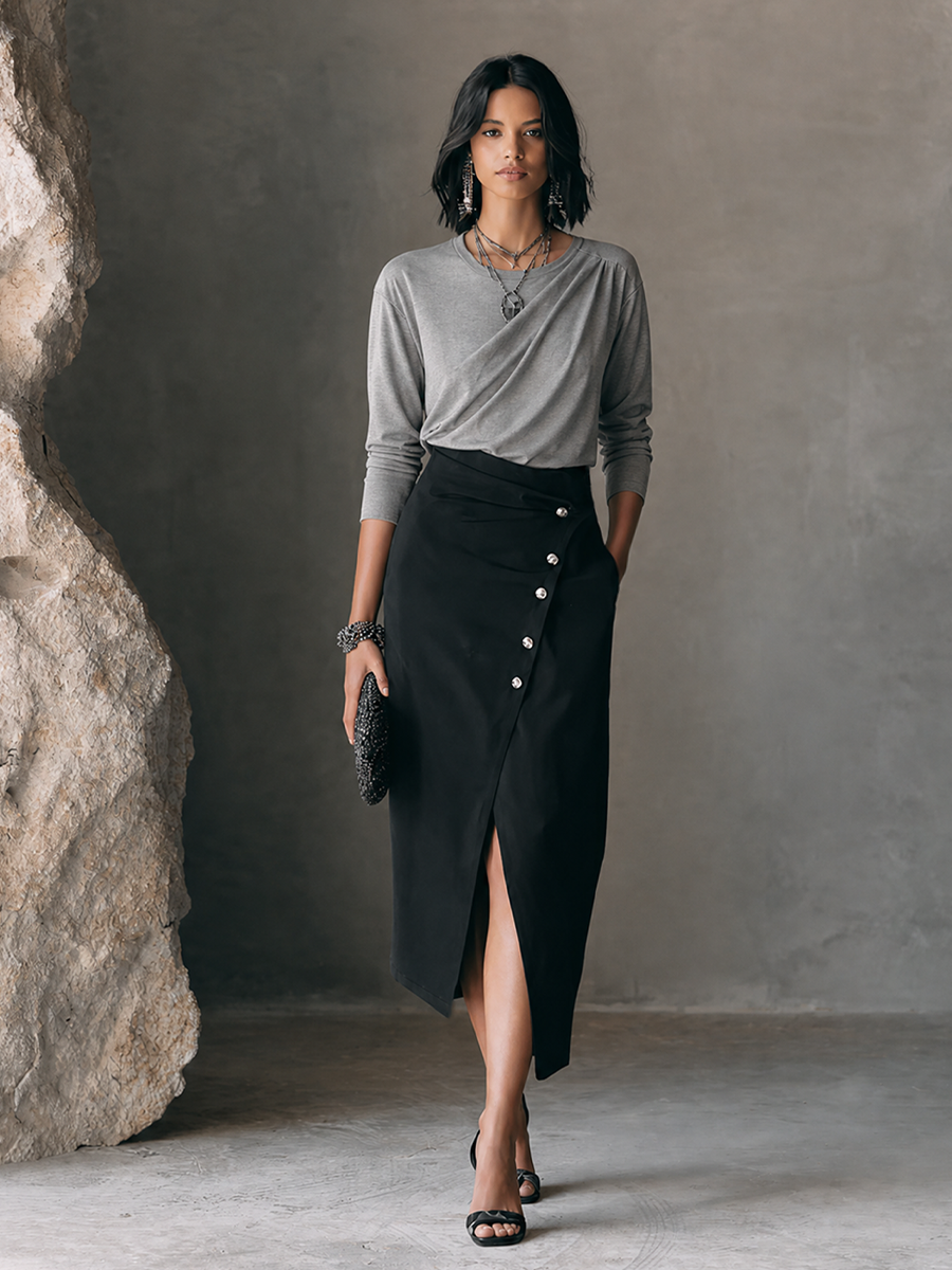 Women's Elegant Commuter Gray Black Cotton Blend Draped Top Asymmetric Button Slit Midi Skirt Set MDZ1631G6GMJ
