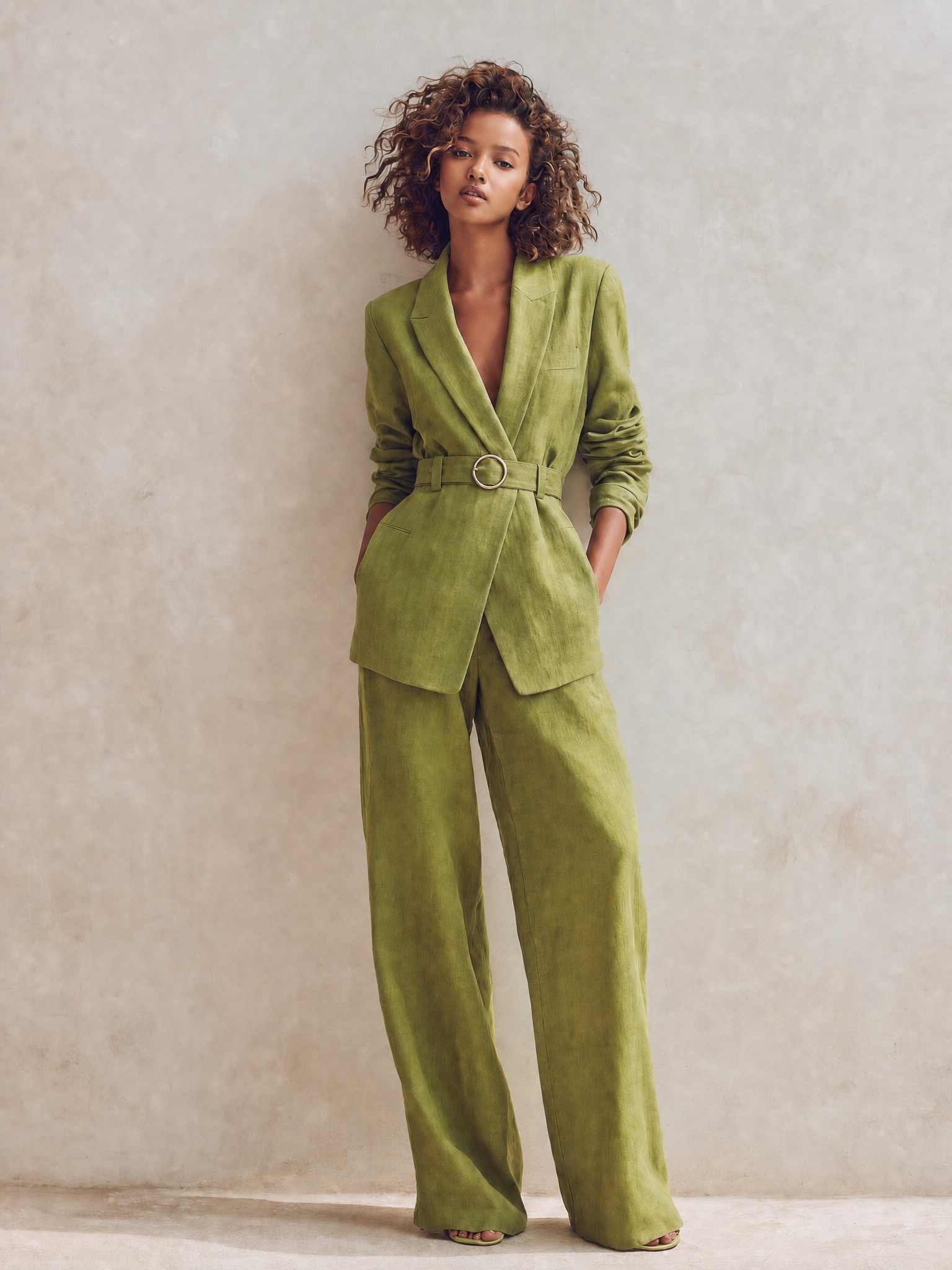Women's Elegant Workwear Green Peak-Lapel Long-Sleeve Belted Blazer & High-Waisted Wide-Leg Pants Linen Set MDZ1605G6CMX