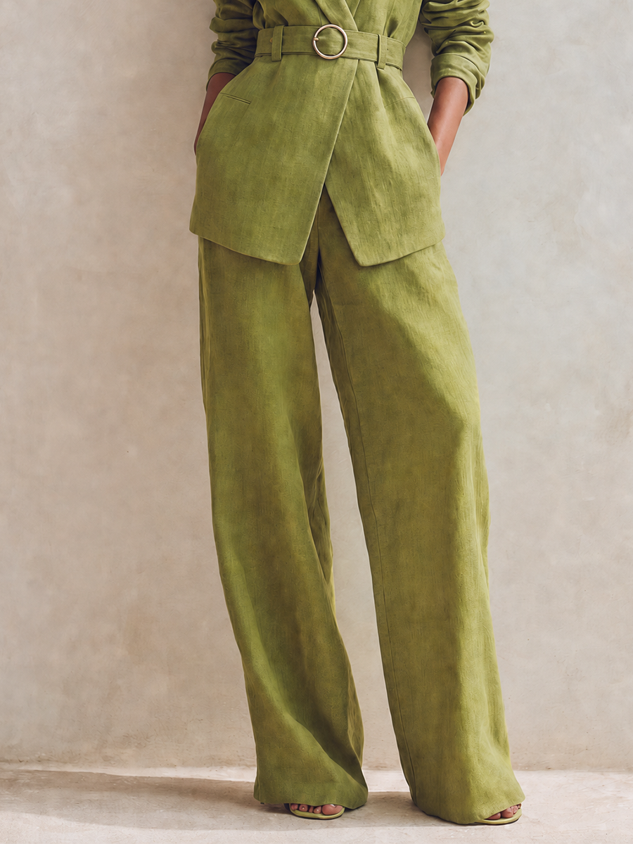 Women's Elegant Workwear Green Peak-Lapel Long-Sleeve Belted Blazer & High-Waisted Wide-Leg Pants Linen Set MDZ1605G6CMX